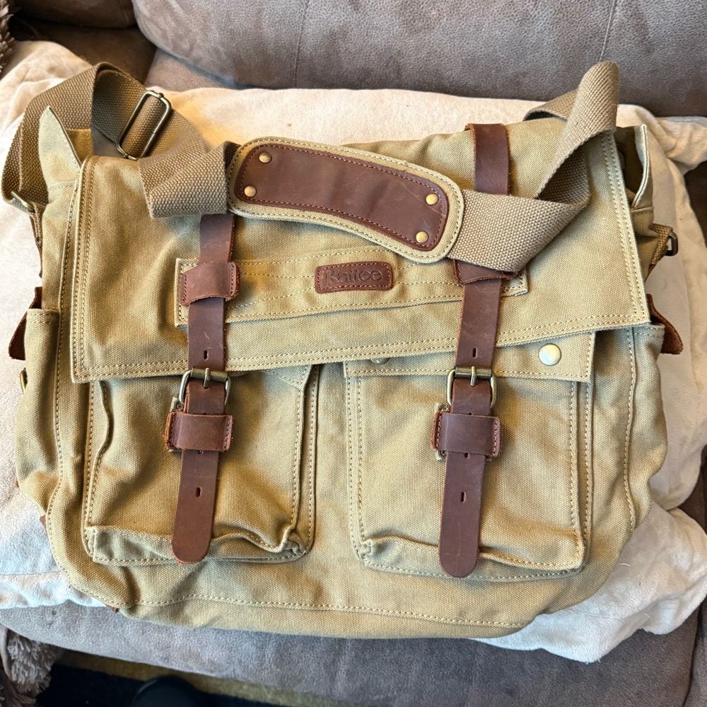 Vintage Canvas Messenger Bag - Tan and Brown